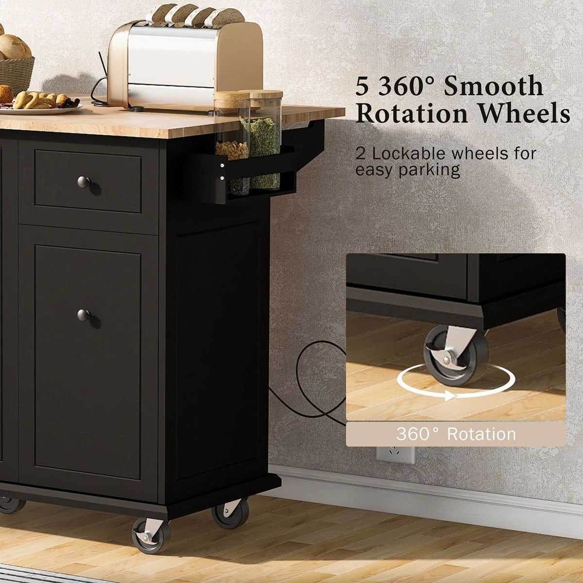 Kahomvis Black Mdf Base with Wood Top Rolling Kitchen Island (29-in x 54-in x 36.8-in)