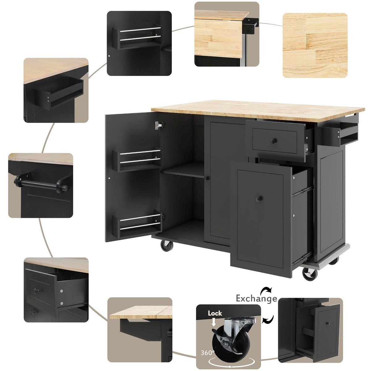 Kahomvis Black Mdf Base with Wood Top Rolling Kitchen Island (29-in x 54-in x 36.8-in)