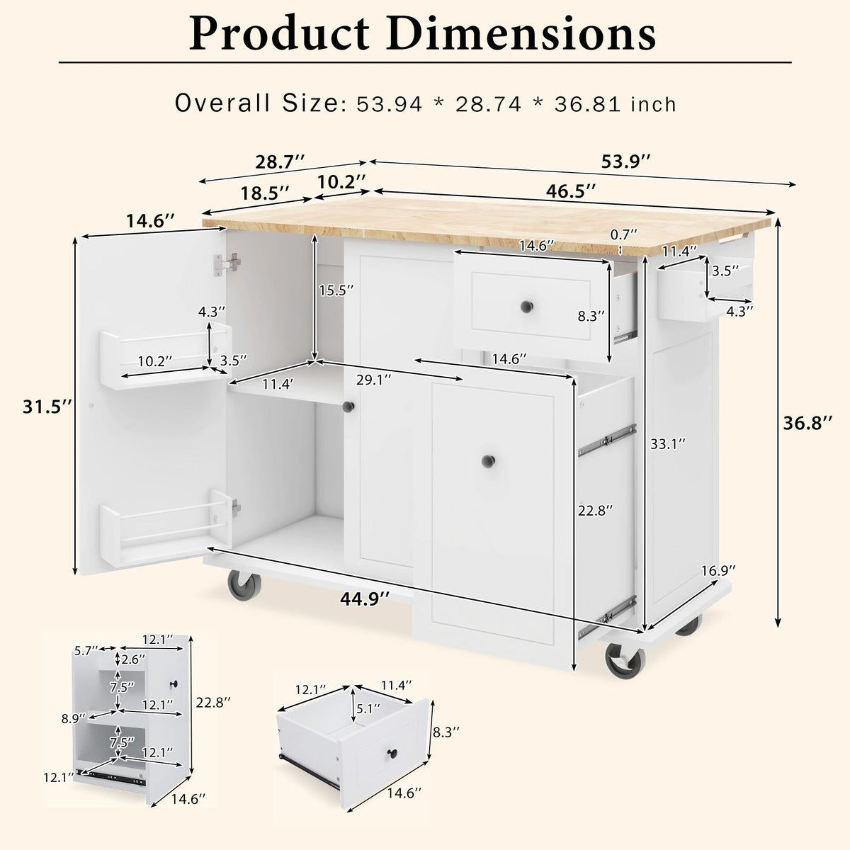 Kahomvis White Mdf Base with Wood Top Rolling Kitchen Island (29-in x 54-in x 36.8-in)