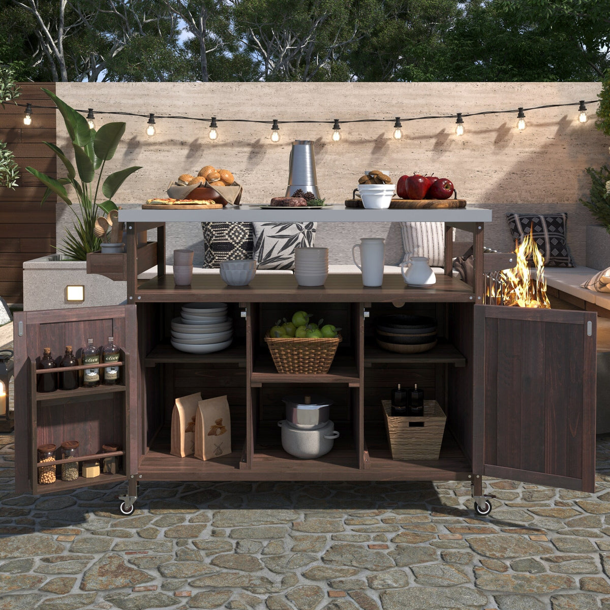 Kahomvis Brown Wood Base with Steel Metal Top Rolling Kitchen Island (18.5-in x 50.25-in x 36.3-in)