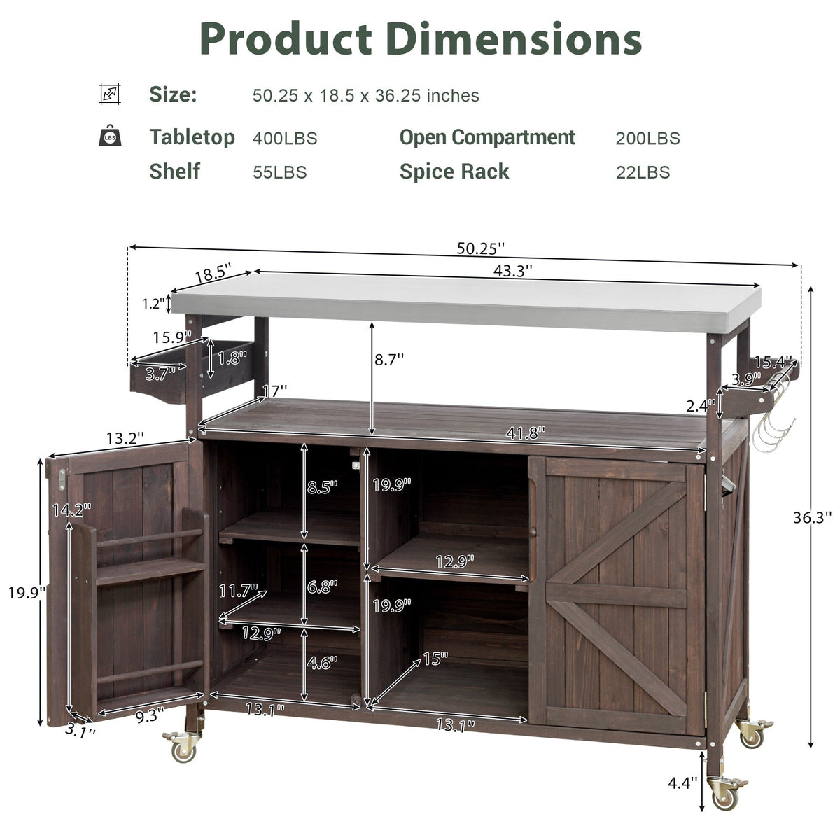 Kahomvis Brown Wood Base with Steel Metal Top Rolling Kitchen Island (18.5-in x 50.25-in x 36.3-in)