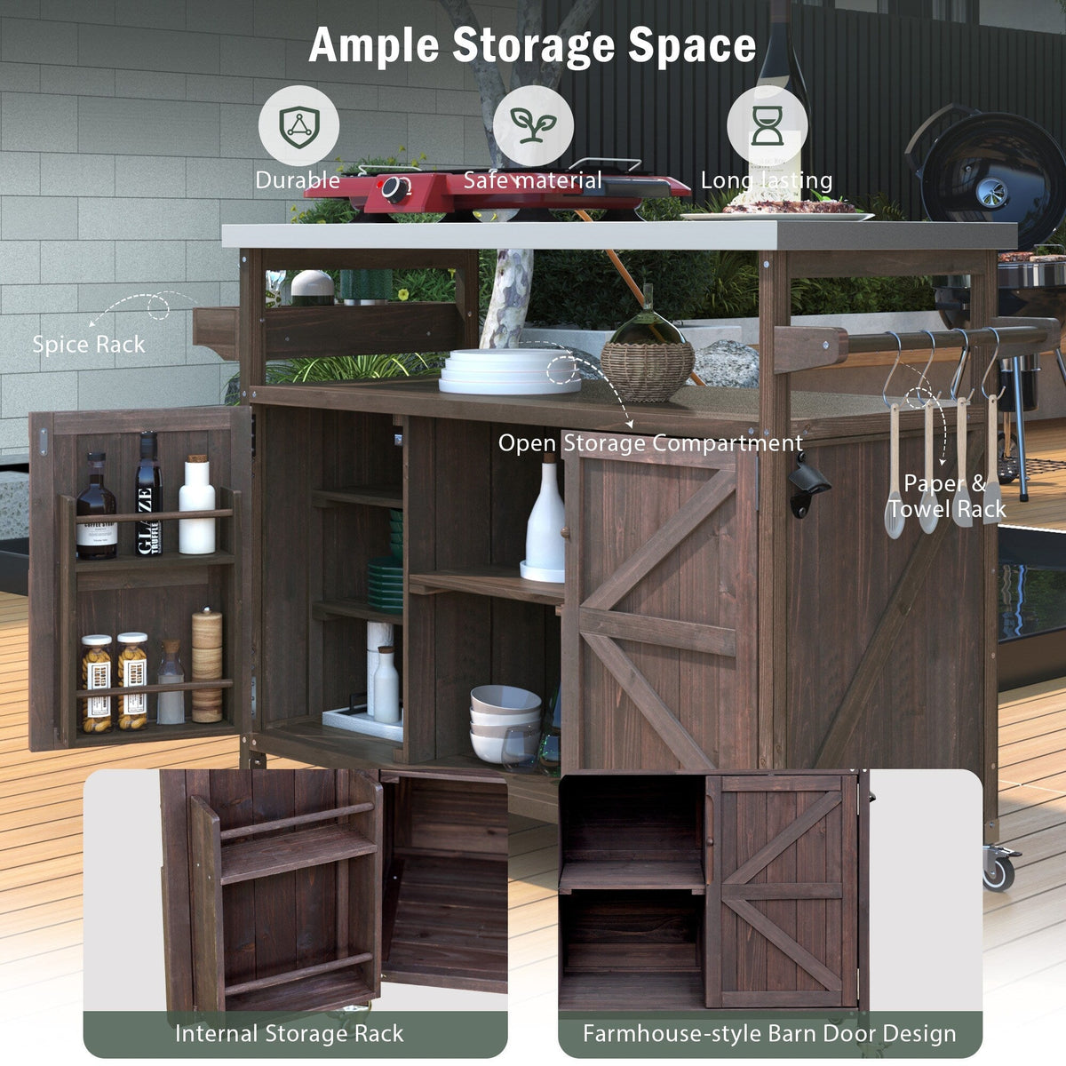 Kahomvis Brown Wood Base with Steel Metal Top Rolling Kitchen Island (18.5-in x 50.25-in x 36.3-in)