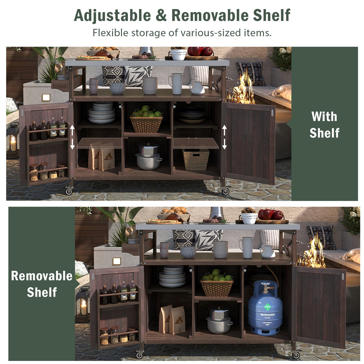 Kahomvis Brown Wood Base with Steel Metal Top Rolling Kitchen Island (18.5-in x 50.25-in x 36.3-in)