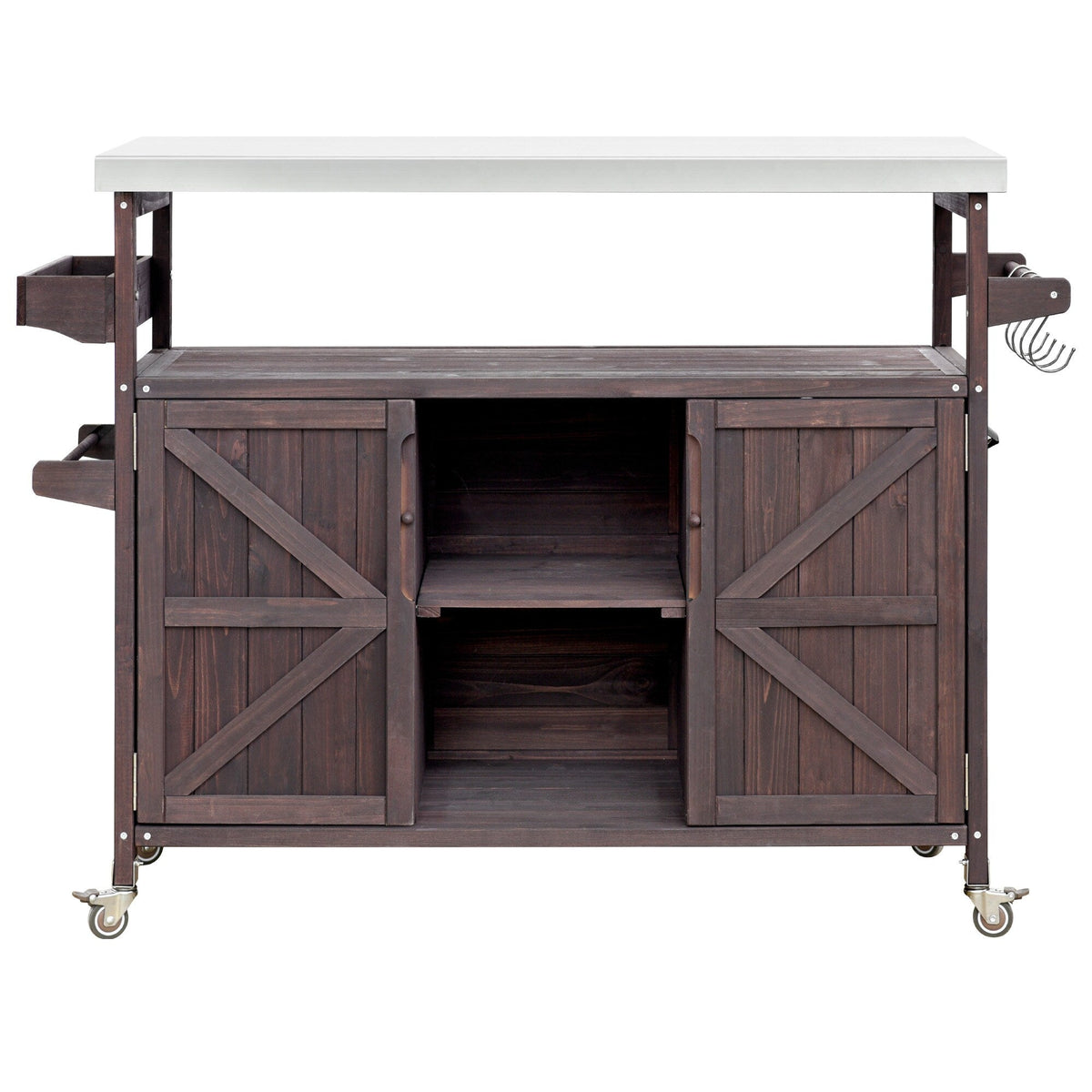 Kahomvis Brown Wood Base with Steel Metal Top Rolling Kitchen Island (18.5-in x 50.25-in x 36.3-in)