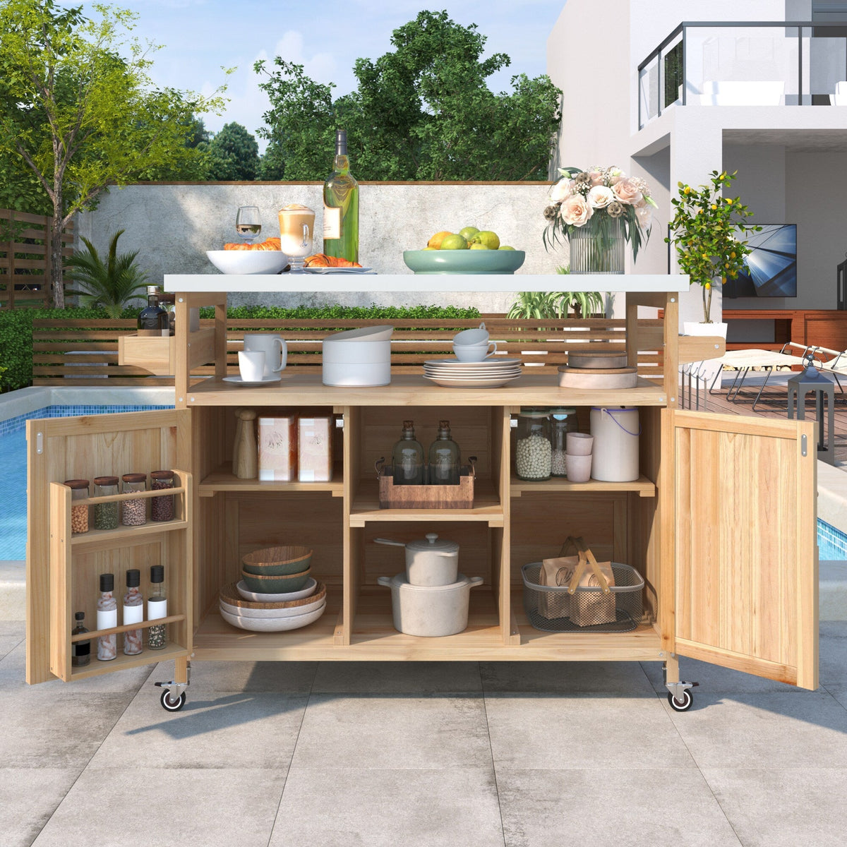 Kahomvis Wood Base with Steel Metal Top Rolling Kitchen Island (18.5-in x 50.25-in x 36.3-in)