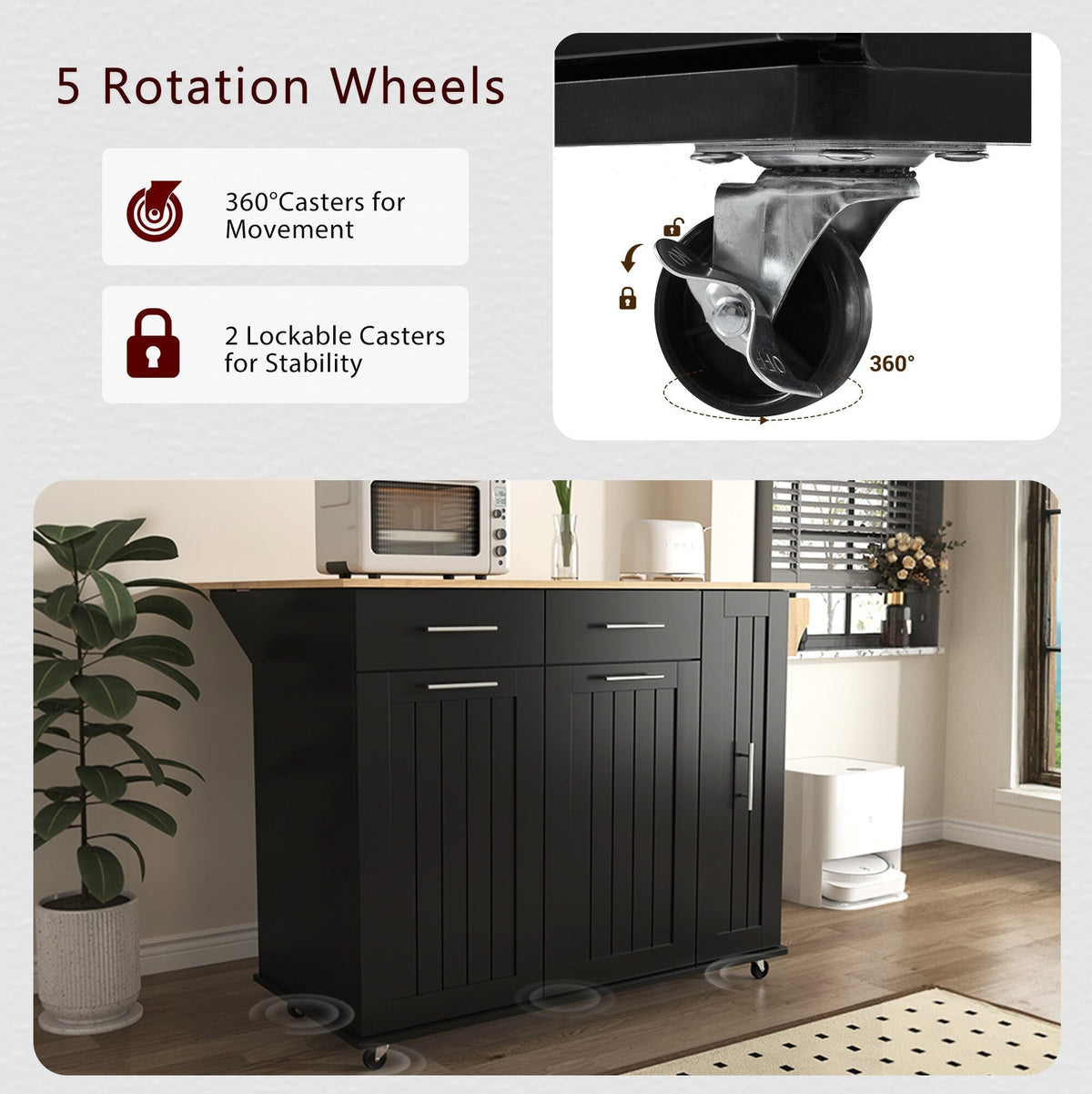 Kahomvis Black Mdf Base with Wood Top Rolling Kitchen Island (17.7-in x 43.3-in x 37-in)