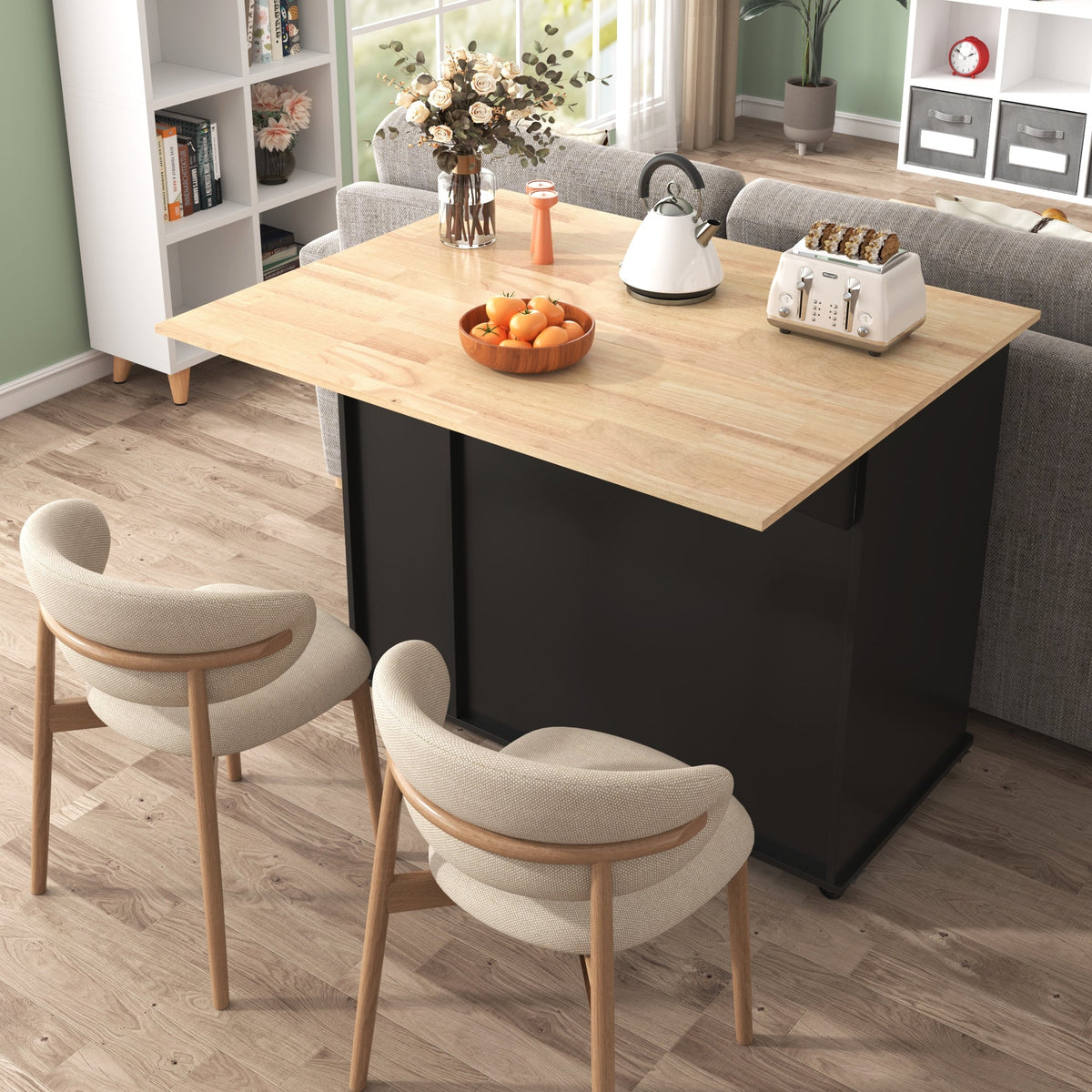Kahomvis Black Mdf Base with Wood Top Rolling Kitchen Island (17.7-in x 43.3-in x 37-in)
