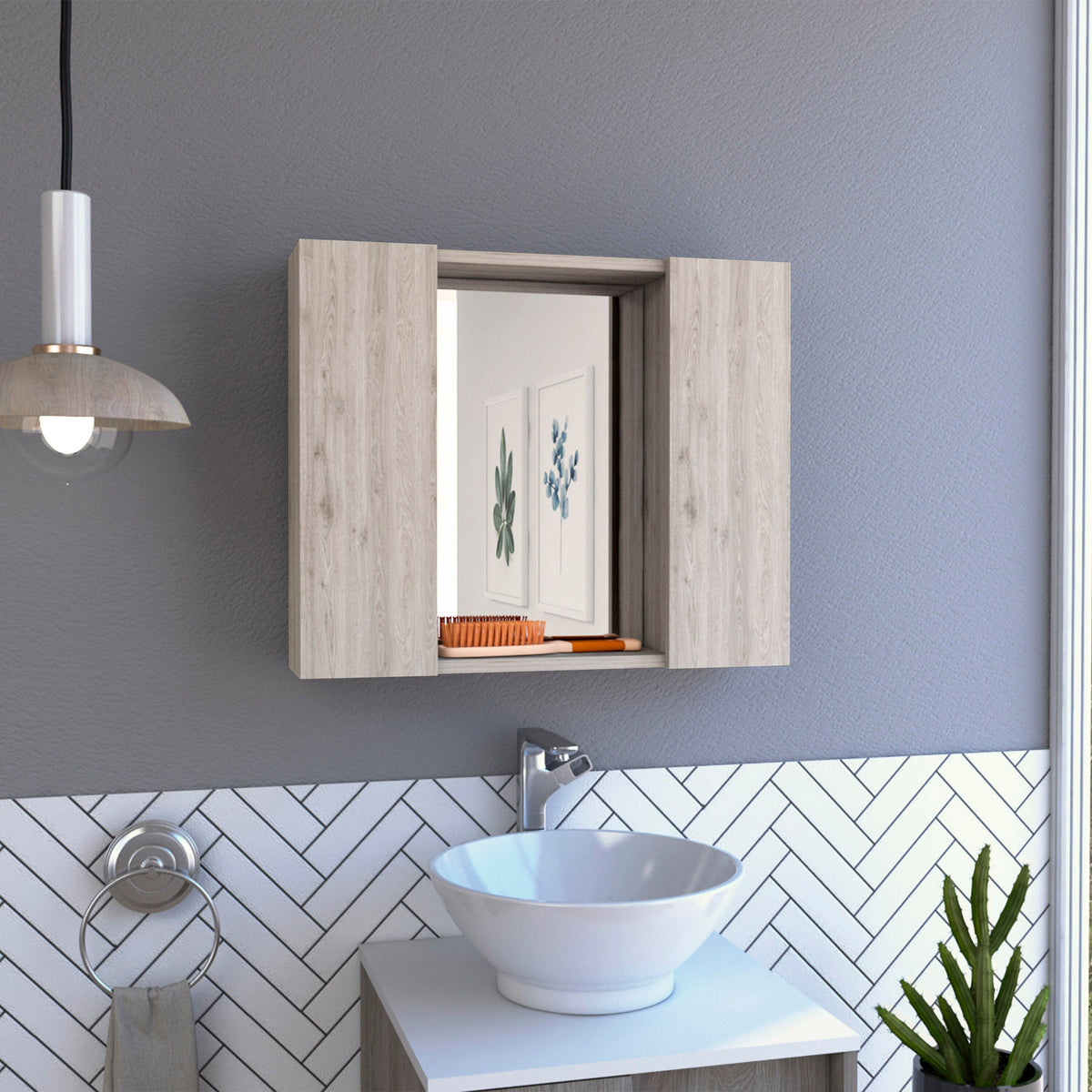 WELLFOR 24-in x 20-in Surface Mount Light Gray Mirrored Medicine Cabinet