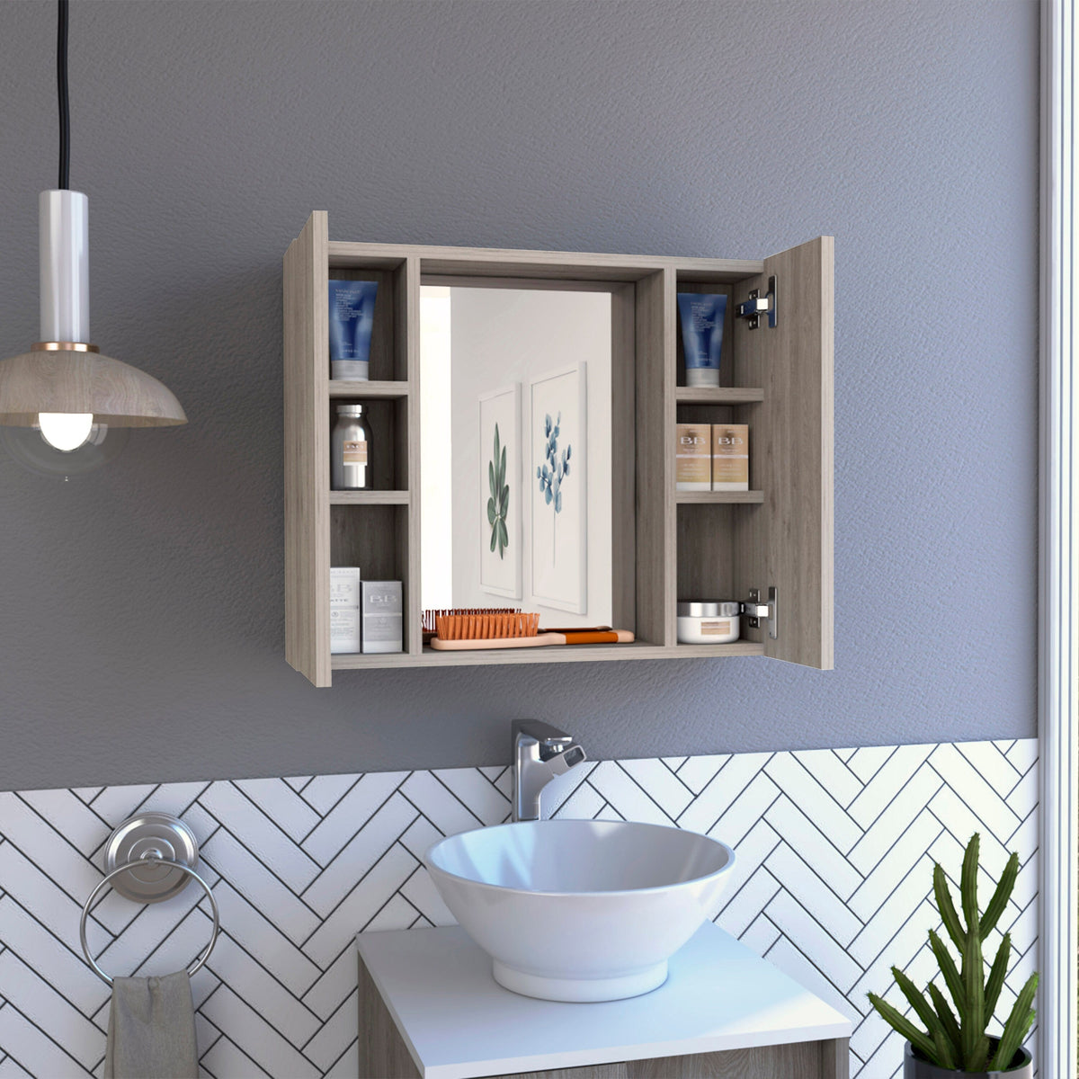 WELLFOR 24-in x 20-in Surface Mount Light Gray Mirrored Medicine Cabinet