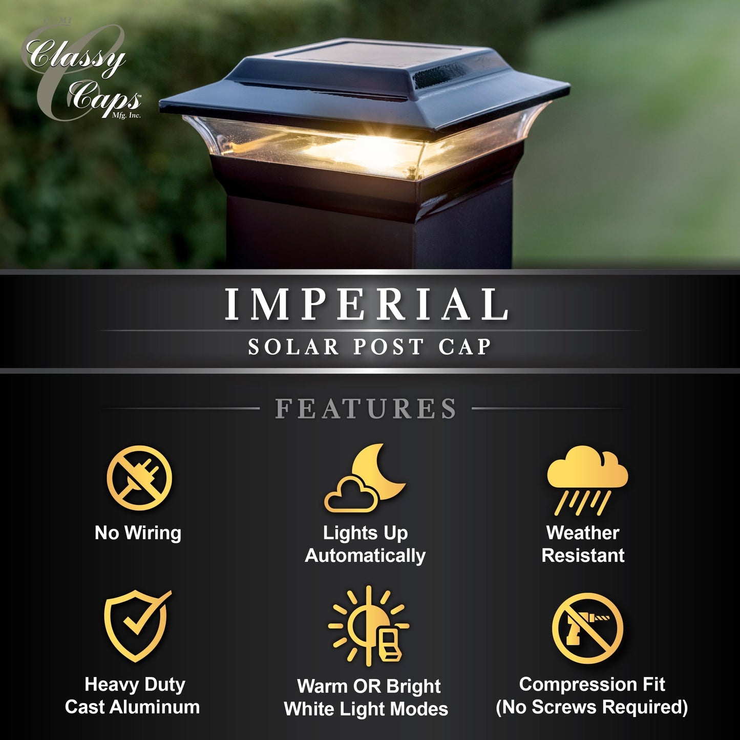 Classy Caps 5-in x 5-in 15-Lumen 1-Watt Black Powder Coated Aluminum Solar LED Outdoor Post Cap Light (4500 K)