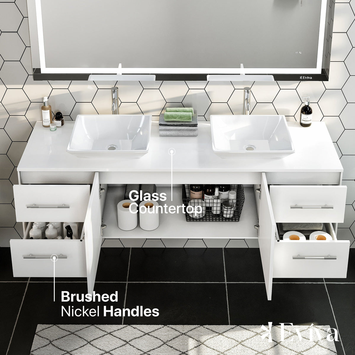 Eviva Totti Wave 72 in. W x 16 in. D x 22 in. H Double Bathroom Vanity in White with White Glassos Top and White Vessel Sinks