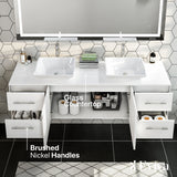 Eviva Totti Wave 72 in. W x 16 in. D x 22 in. H Double Bathroom Vanity in White with White Glassos Top and White Vessel Sinks