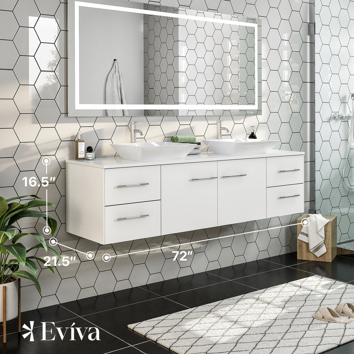 Eviva Totti Wave 72 in. W x 16 in. D x 22 in. H Double Bathroom Vanity in White with White Glassos Top and White Vessel Sinks