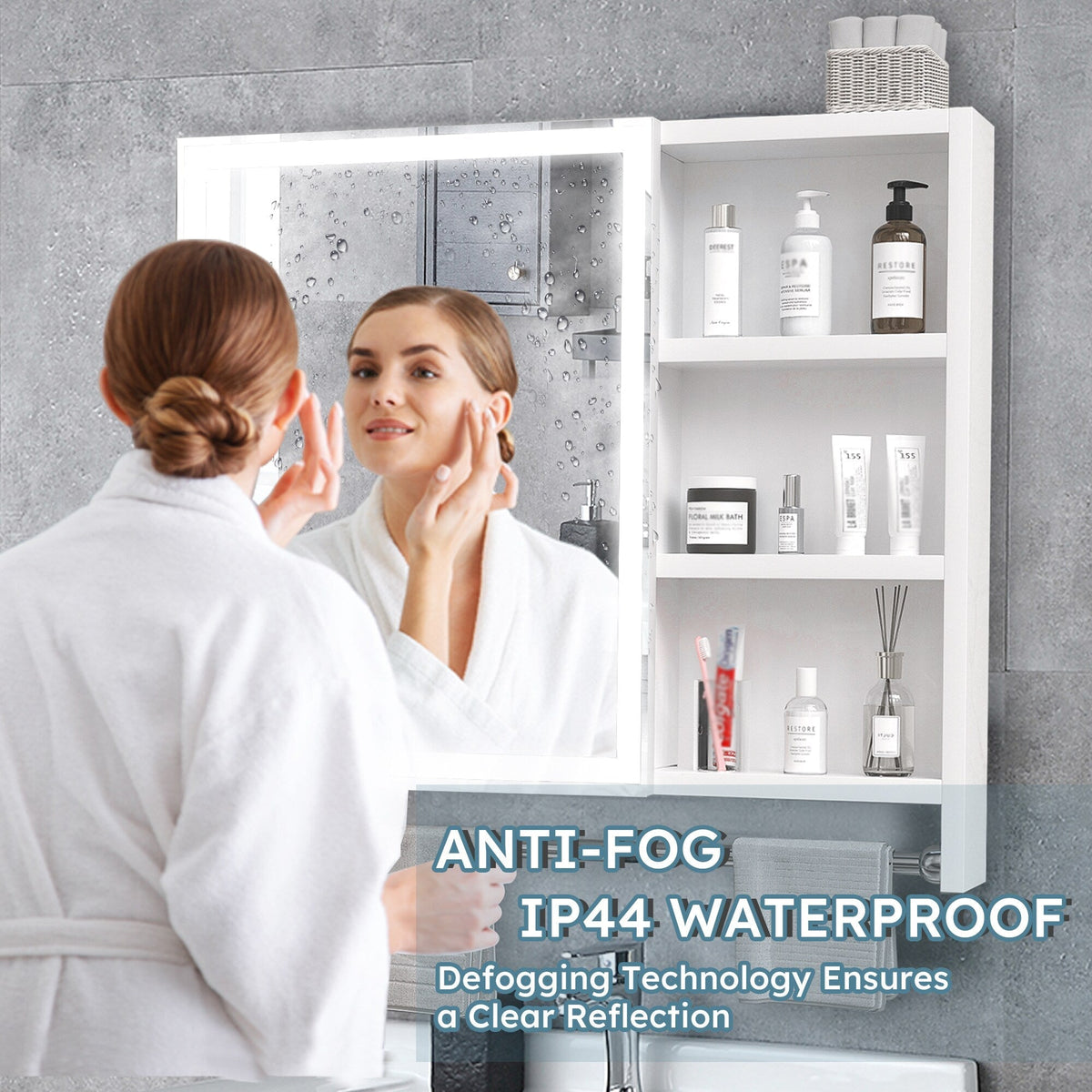 WELLFOR 31.5-in x 27.56-in Lighted LED Fog Free Surface Mount White Mirrored Soft Close Medicine Cabinet