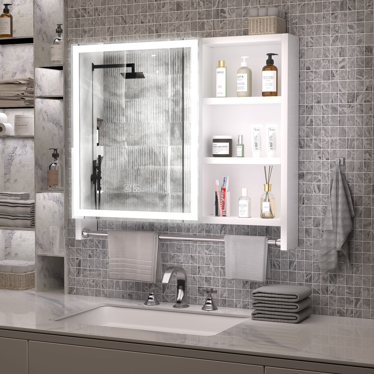 WELLFOR 31.5-in x 27.56-in Lighted LED Fog Free Surface Mount White Mirrored Soft Close Medicine Cabinet