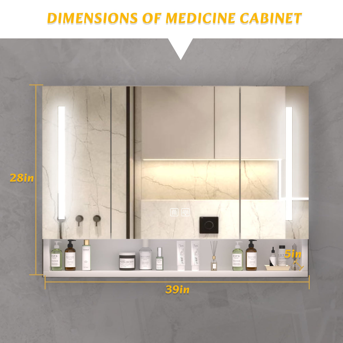 WELLFOR 40-in x 28-in Lighted LED Fog Free Surface Mount White Mirrored Soft Close Medicine Cabinet
