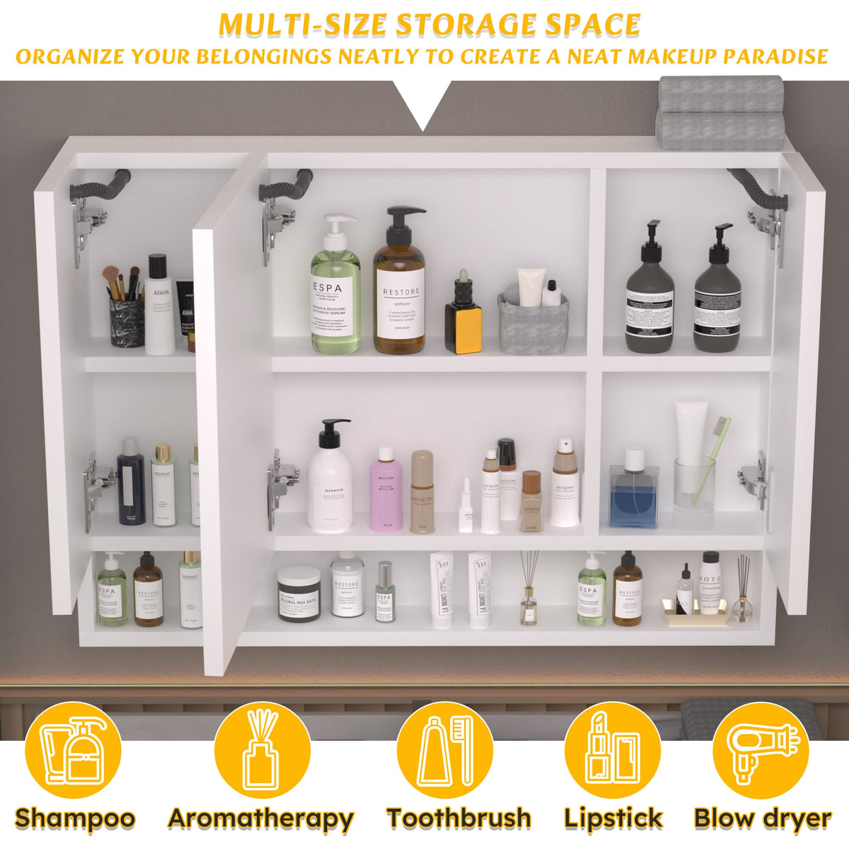 WELLFOR 40-in x 28-in Lighted LED Fog Free Surface Mount White Mirrored Soft Close Medicine Cabinet