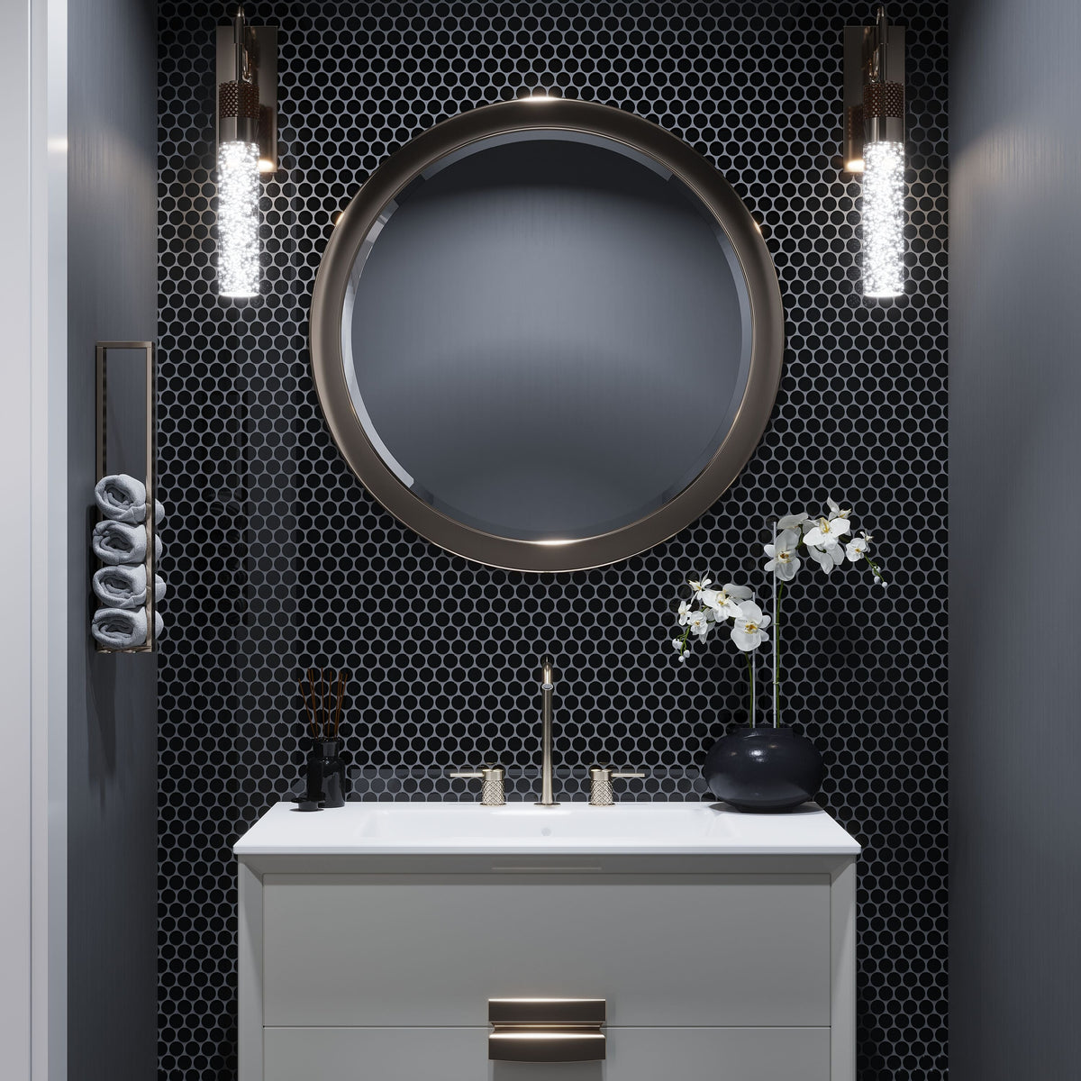 Apollo Tile Colorway Black 12-in x 12-in Glossy Glass Penny Round Floor and Wall Tile (5-sq. ft/ Carton)