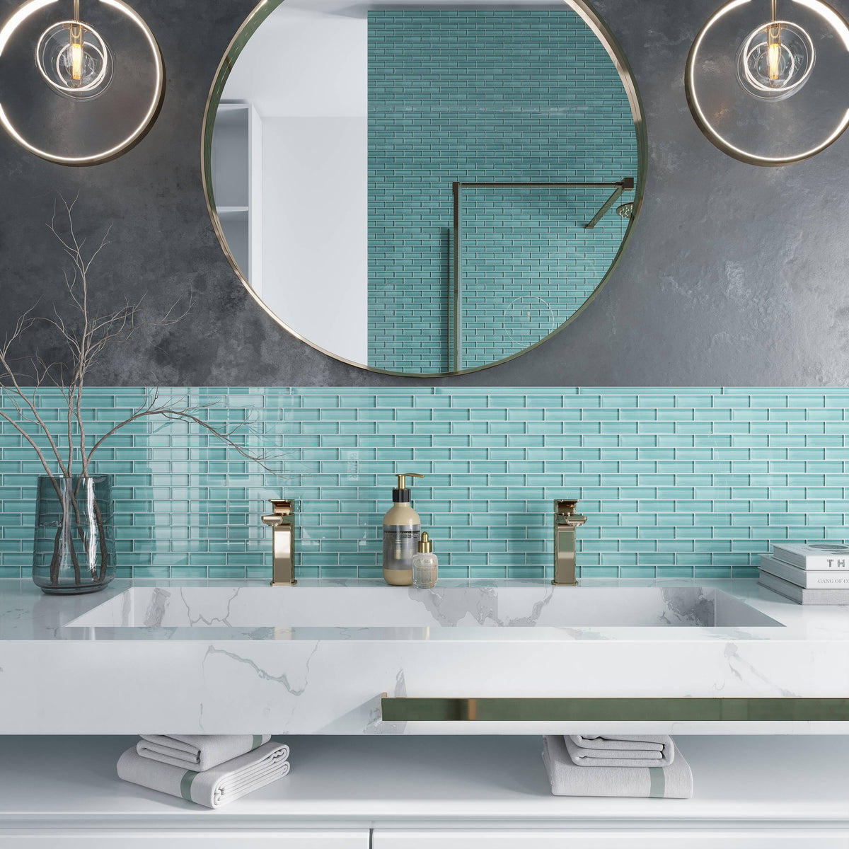 Apollo Tile Colorway Tiffany Blue 12-in x 12-in Glossy Glass Brick Subway Floor and Wall Tile (4.92-sq. ft/ Carton)
