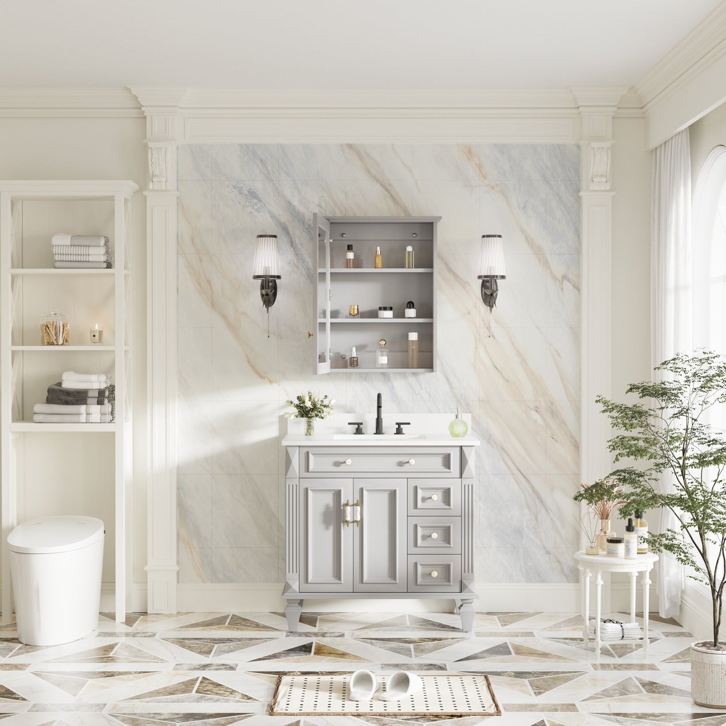 Forclover Assembled Solid Wood 24-in x 30-in Surface Mount Gray Mirrored Soft Close Medicine Cabinet