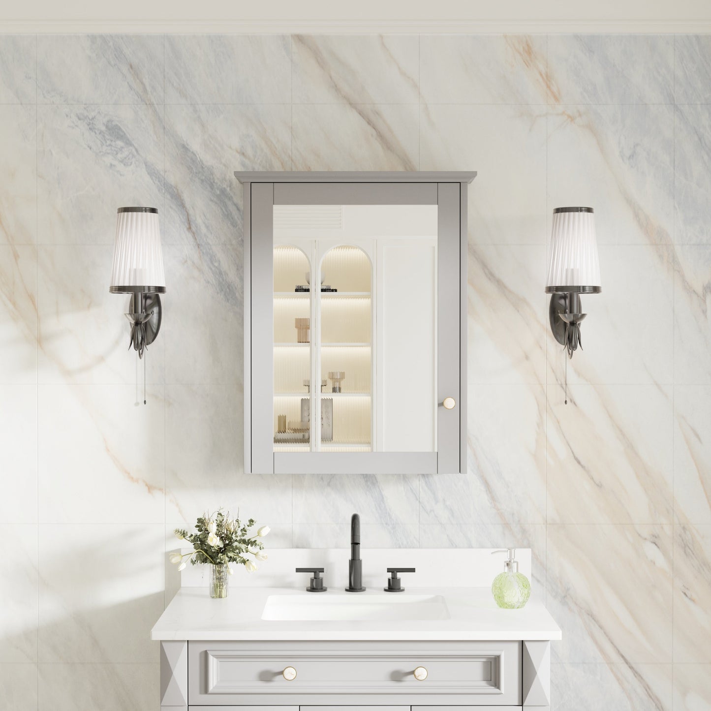 Forclover Assembled Solid Wood 24-in x 30-in Surface Mount Gray Mirrored Soft Close Medicine Cabinet