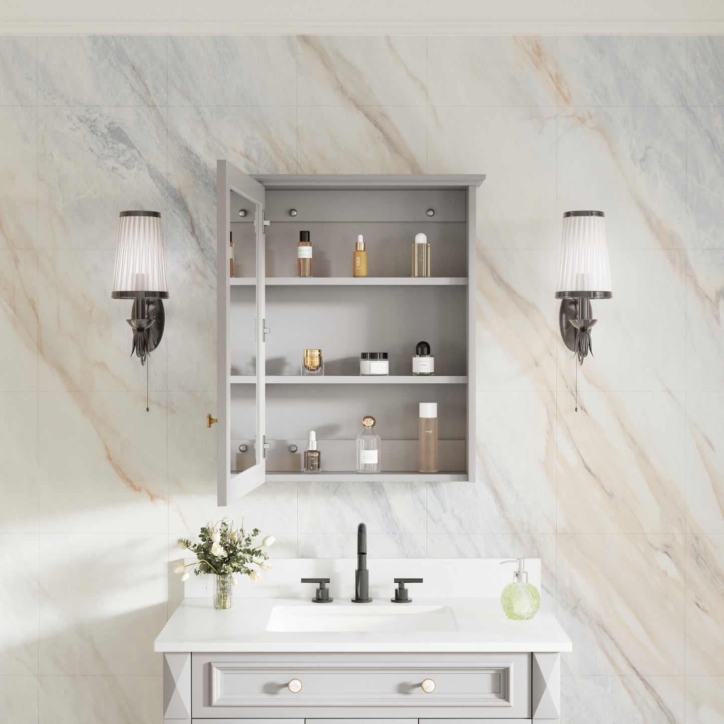 Forclover Assembled Solid Wood 24-in x 30-in Surface Mount Gray Mirrored Soft Close Medicine Cabinet