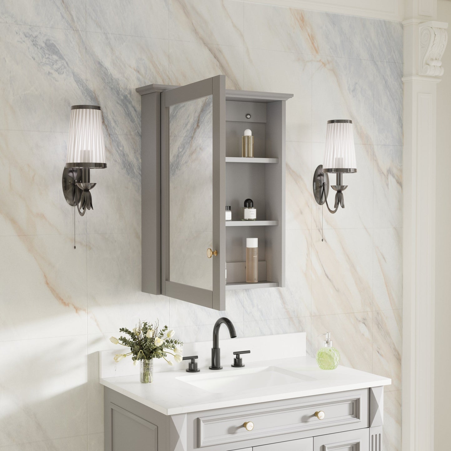 Forclover Assembled Solid Wood 24-in x 30-in Surface Mount Gray Mirrored Soft Close Medicine Cabinet