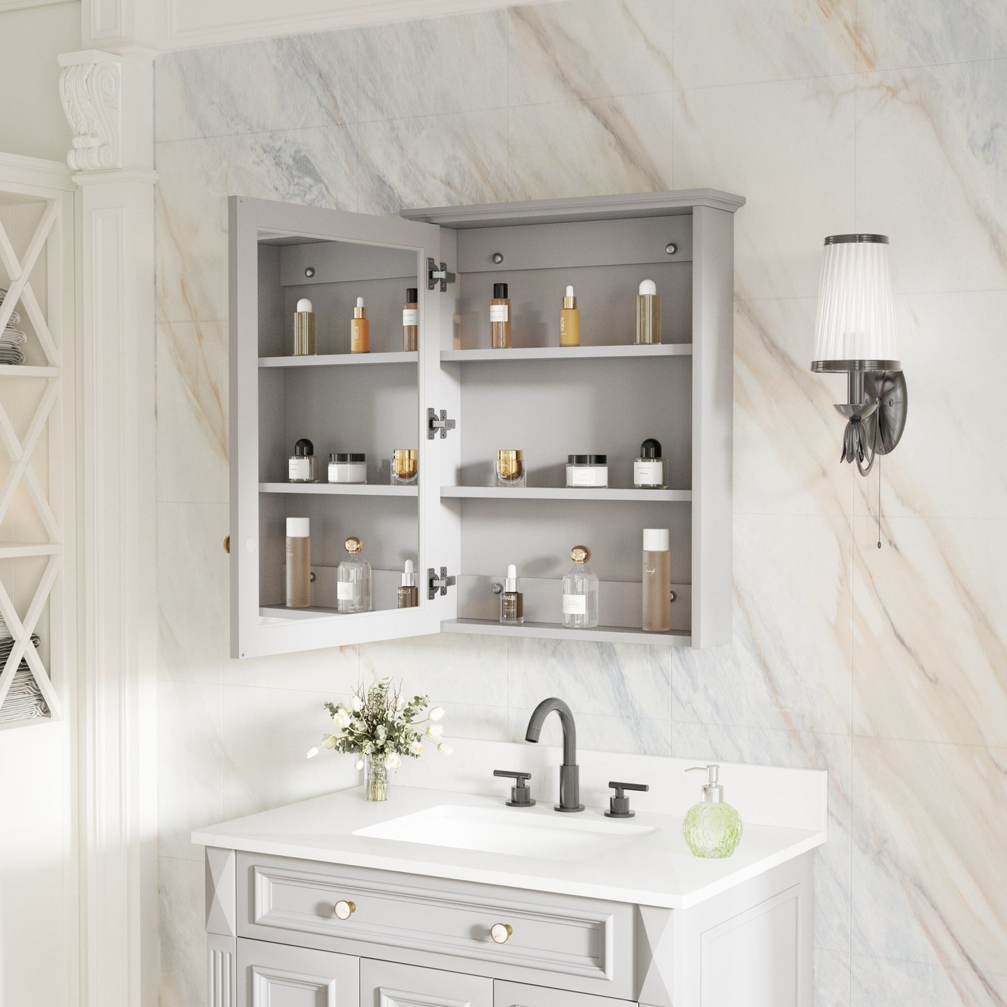 Forclover Assembled Solid Wood 24-in x 30-in Surface Mount Gray Mirrored Soft Close Medicine Cabinet