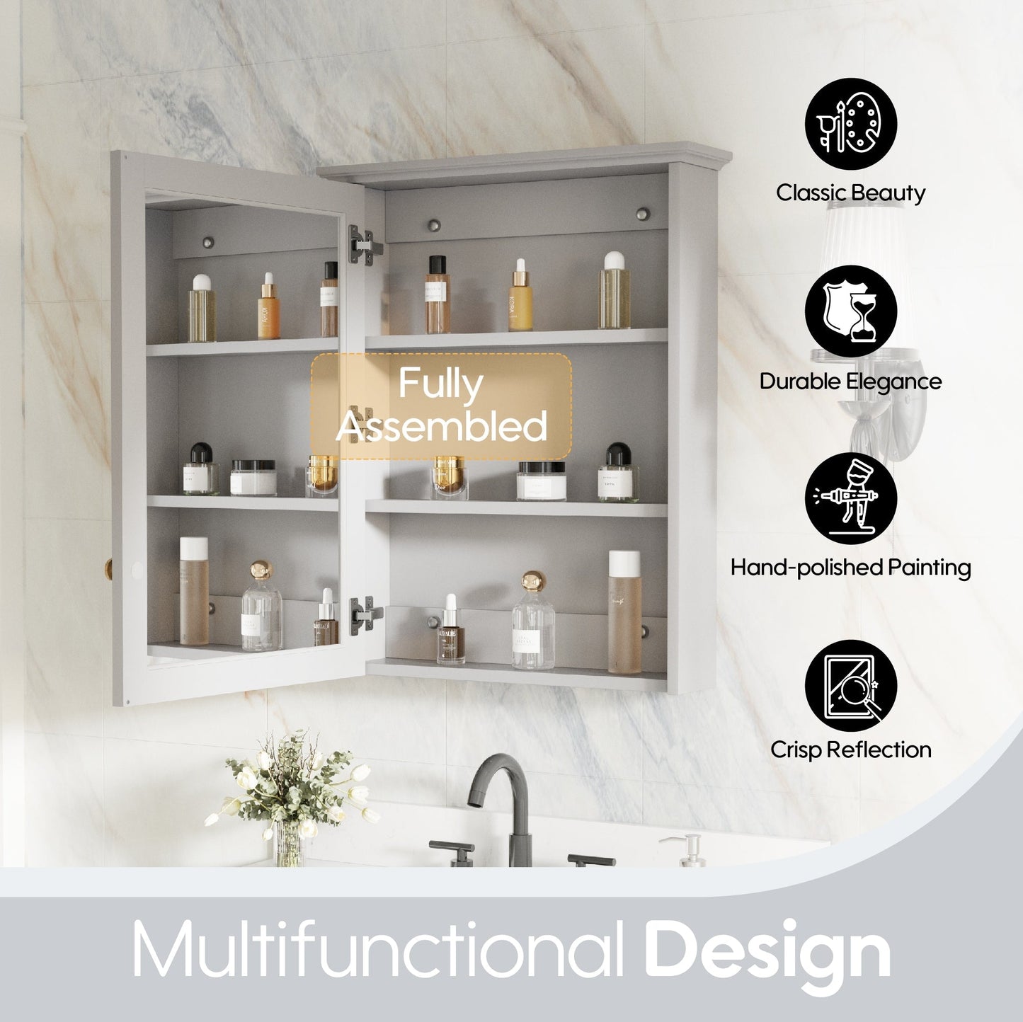 Forclover Assembled Solid Wood 24-in x 30-in Surface Mount Gray Mirrored Soft Close Medicine Cabinet