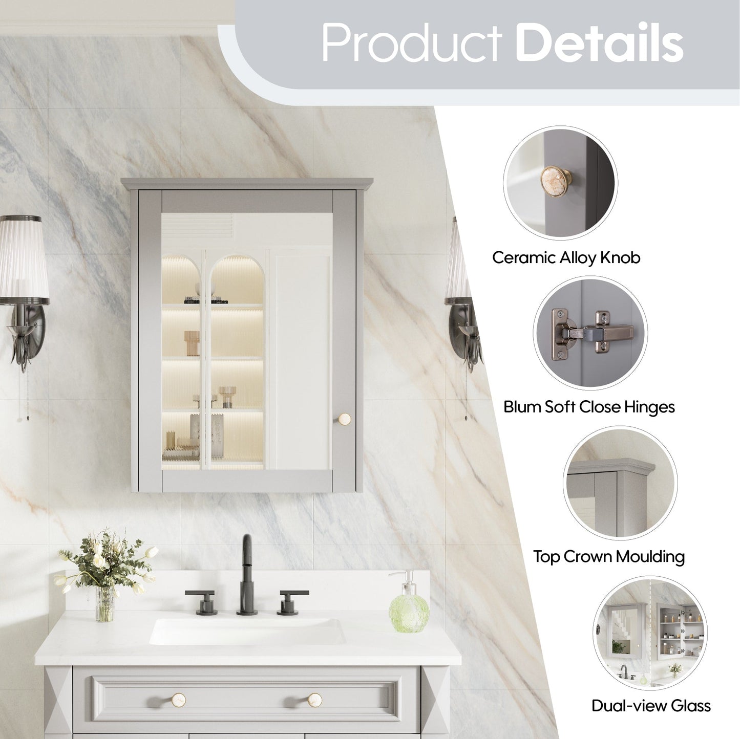Forclover Assembled Solid Wood 24-in x 30-in Surface Mount Gray Mirrored Soft Close Medicine Cabinet