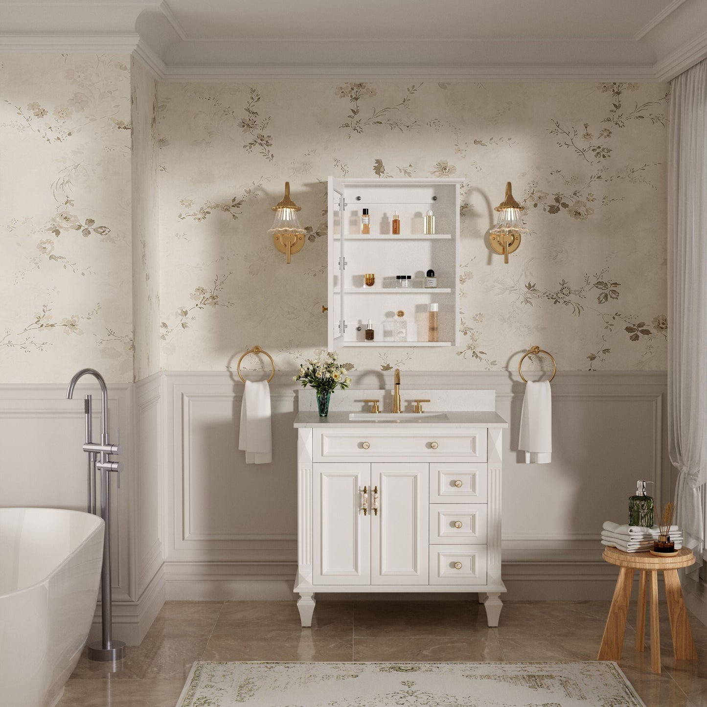 Forclover Assembled Solid Wood 24-in x 30-in Surface Mount White Mirrored Soft Close Medicine Cabinet