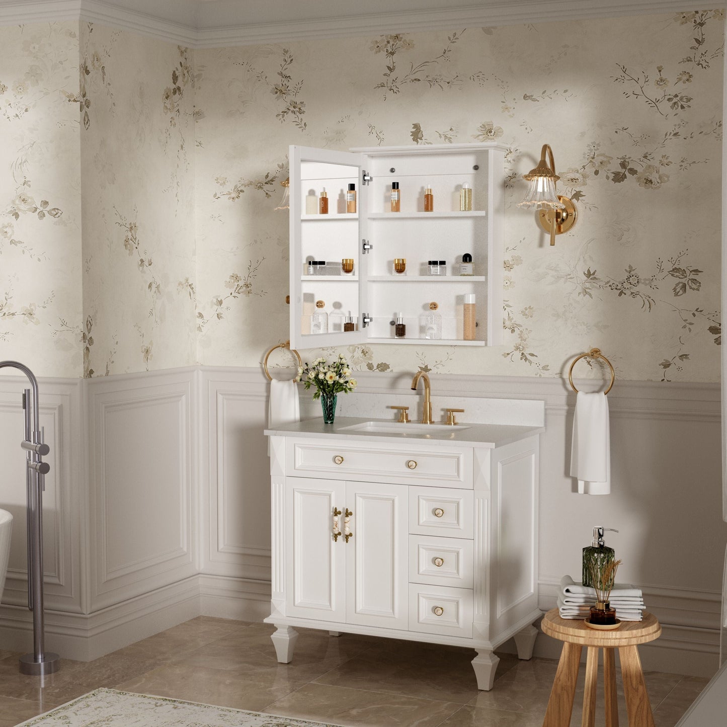 Forclover Assembled Solid Wood 24-in x 30-in Surface Mount White Mirrored Soft Close Medicine Cabinet