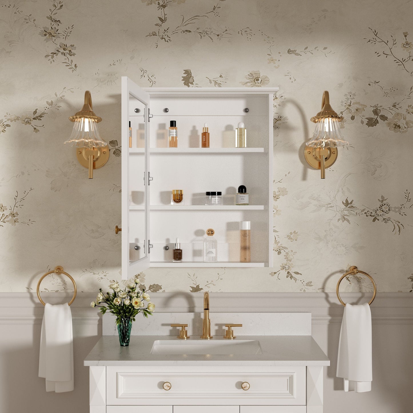 Forclover Assembled Solid Wood 24-in x 30-in Surface Mount White Mirrored Soft Close Medicine Cabinet