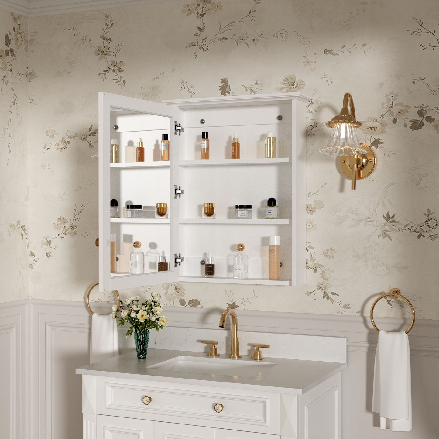 Forclover Assembled Solid Wood 24-in x 30-in Surface Mount White Mirrored Soft Close Medicine Cabinet