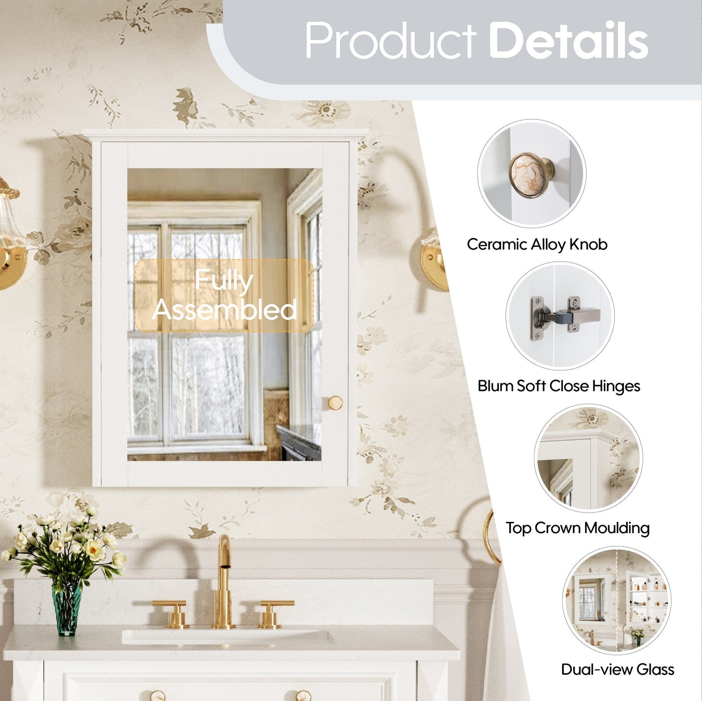 Forclover Assembled Solid Wood 24-in x 30-in Surface Mount White Mirrored Soft Close Medicine Cabinet