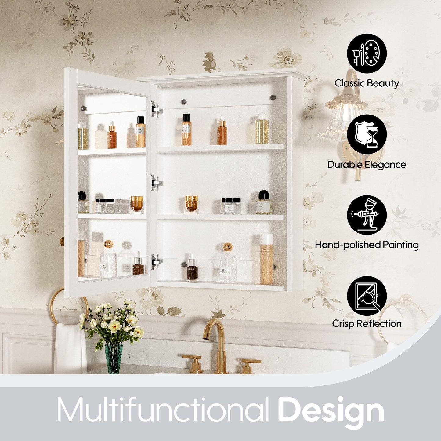 Forclover Assembled Solid Wood 24-in x 30-in Surface Mount White Mirrored Soft Close Medicine Cabinet
