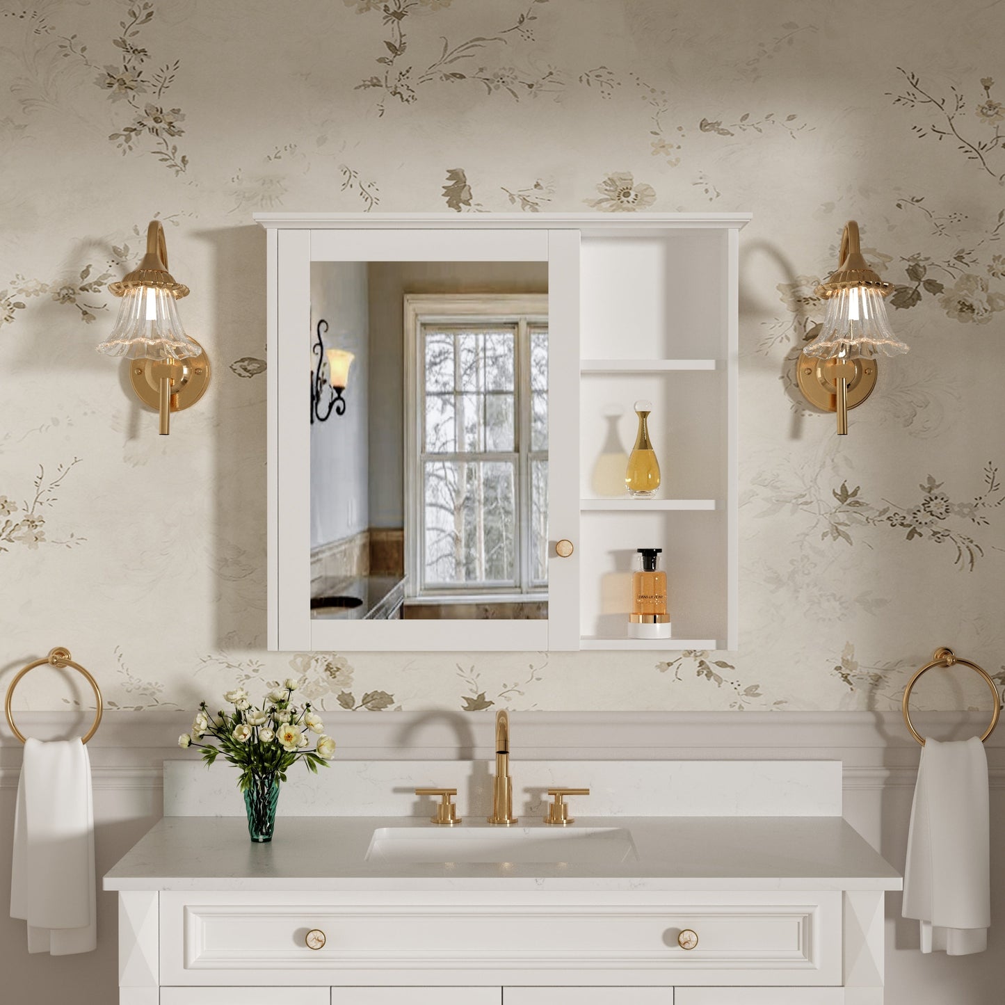 Forclover Assembled Solid Wood 34-in x 30-in Surface Mount White Mirrored Soft Close Medicine Cabinet