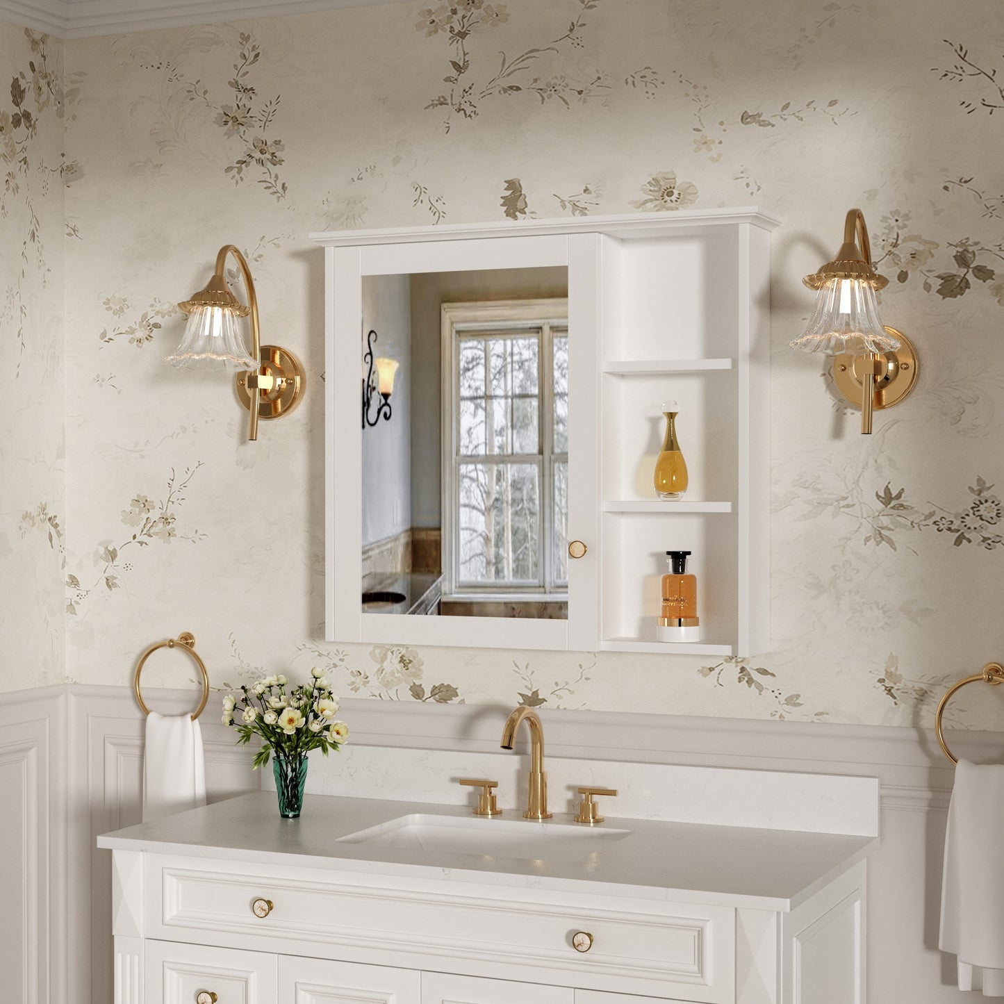 Forclover Assembled Solid Wood 34-in x 30-in Surface Mount White Mirrored Soft Close Medicine Cabinet