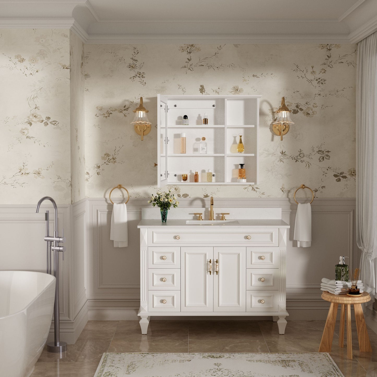 Forclover Assembled Solid Wood 34-in x 30-in Surface Mount White Mirrored Soft Close Medicine Cabinet