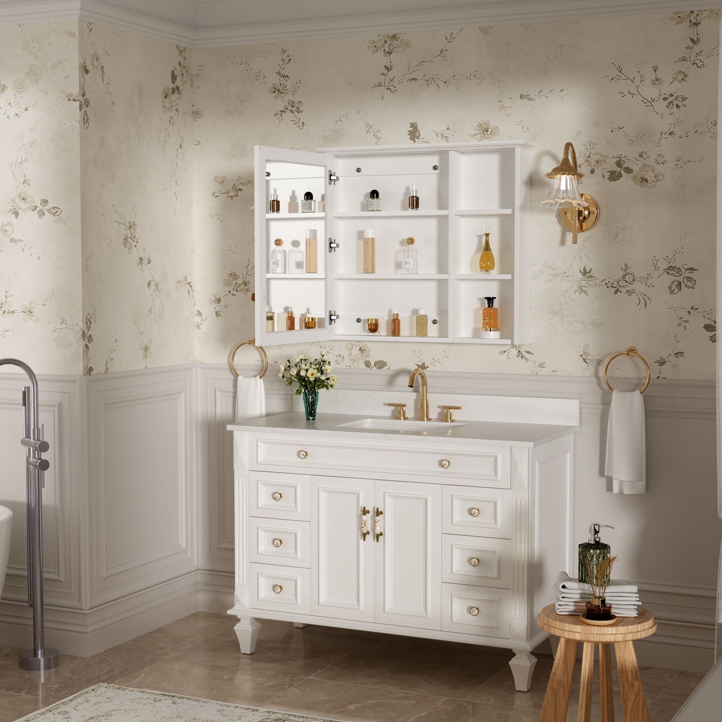 Forclover Assembled Solid Wood 34-in x 30-in Surface Mount White Mirrored Soft Close Medicine Cabinet