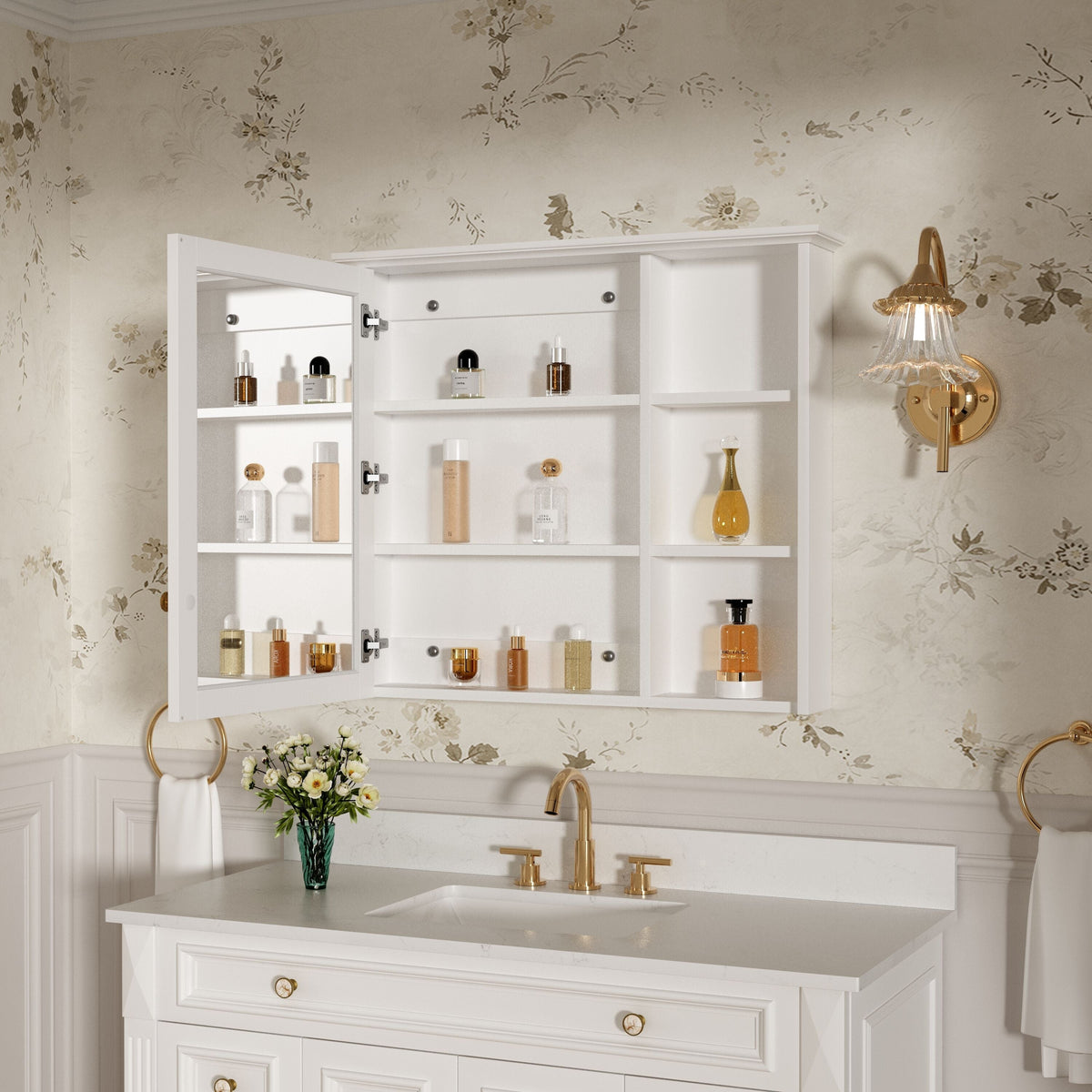 Forclover Assembled Solid Wood 34-in x 30-in Surface Mount White Mirrored Soft Close Medicine Cabinet