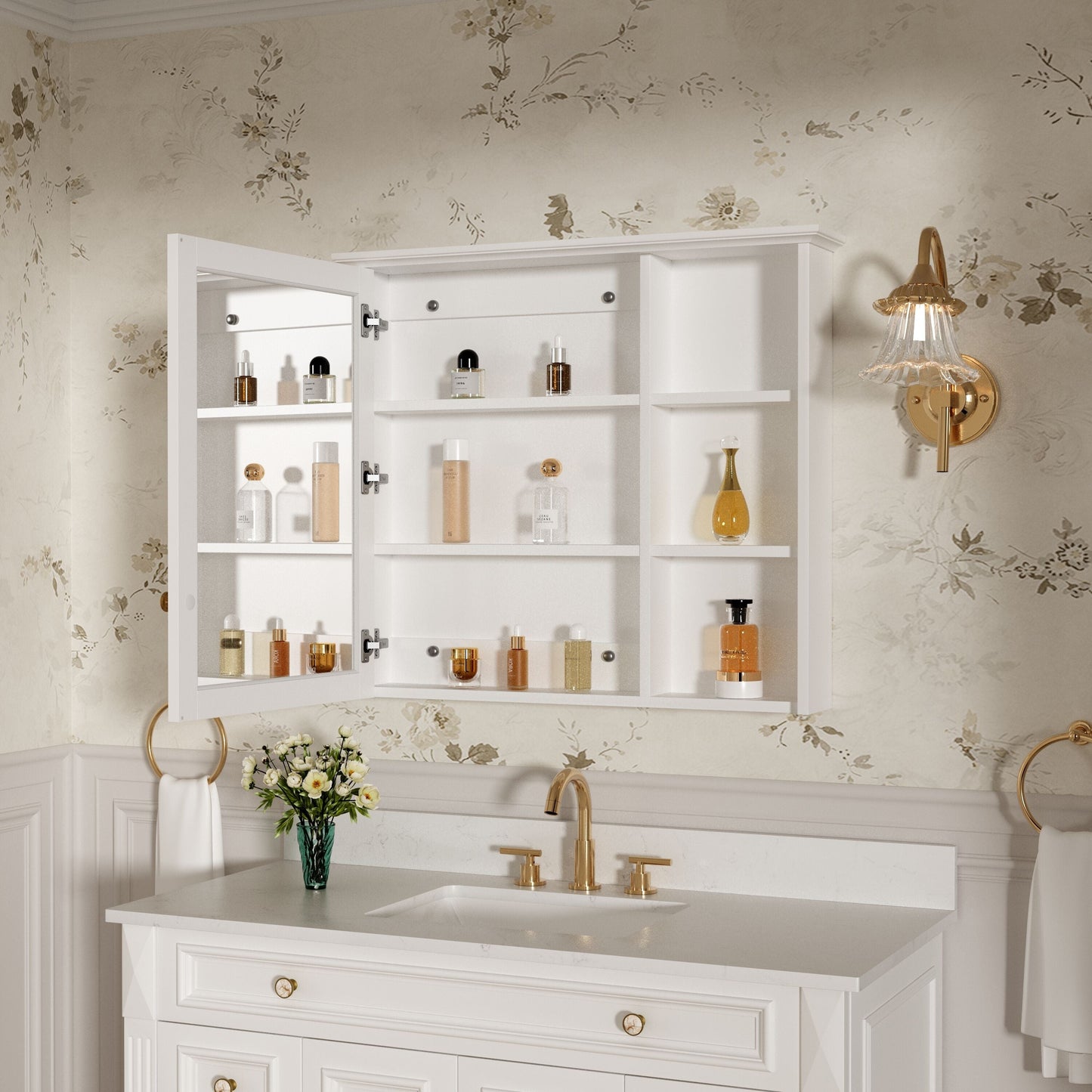 Forclover Assembled Solid Wood 34-in x 30-in Surface Mount White Mirrored Soft Close Medicine Cabinet