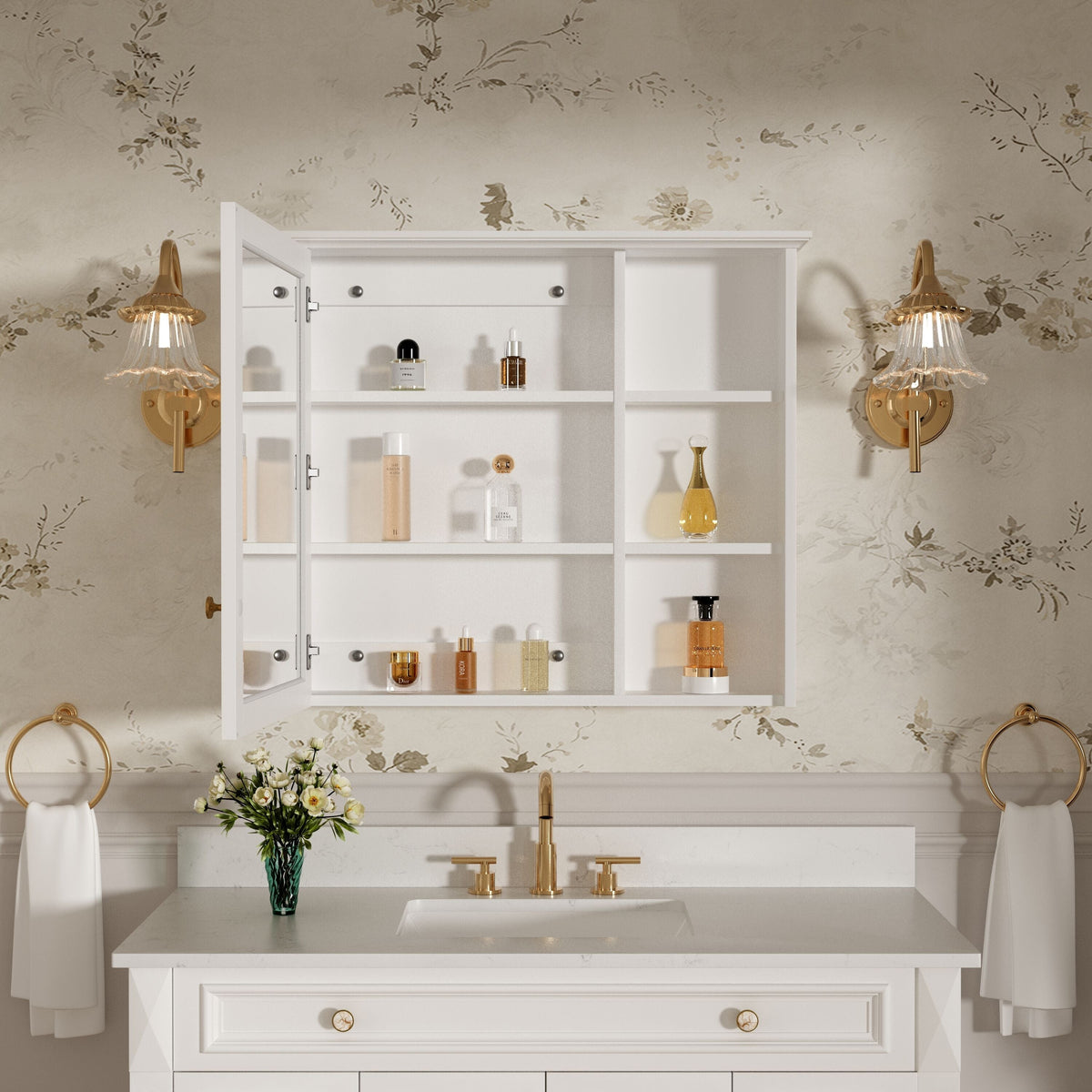 Forclover Assembled Solid Wood 34-in x 30-in Surface Mount White Mirrored Soft Close Medicine Cabinet
