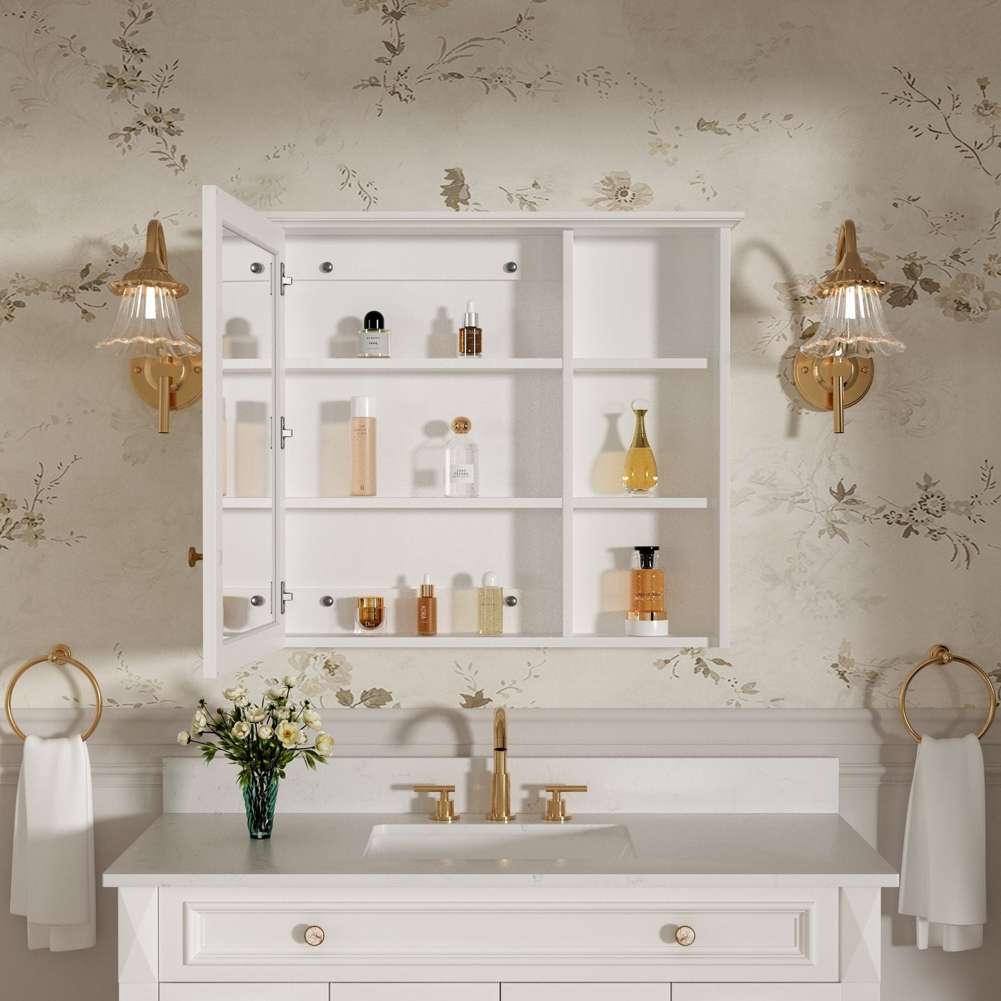 Forclover Assembled Solid Wood 34-in x 30-in Surface Mount White Mirrored Soft Close Medicine Cabinet