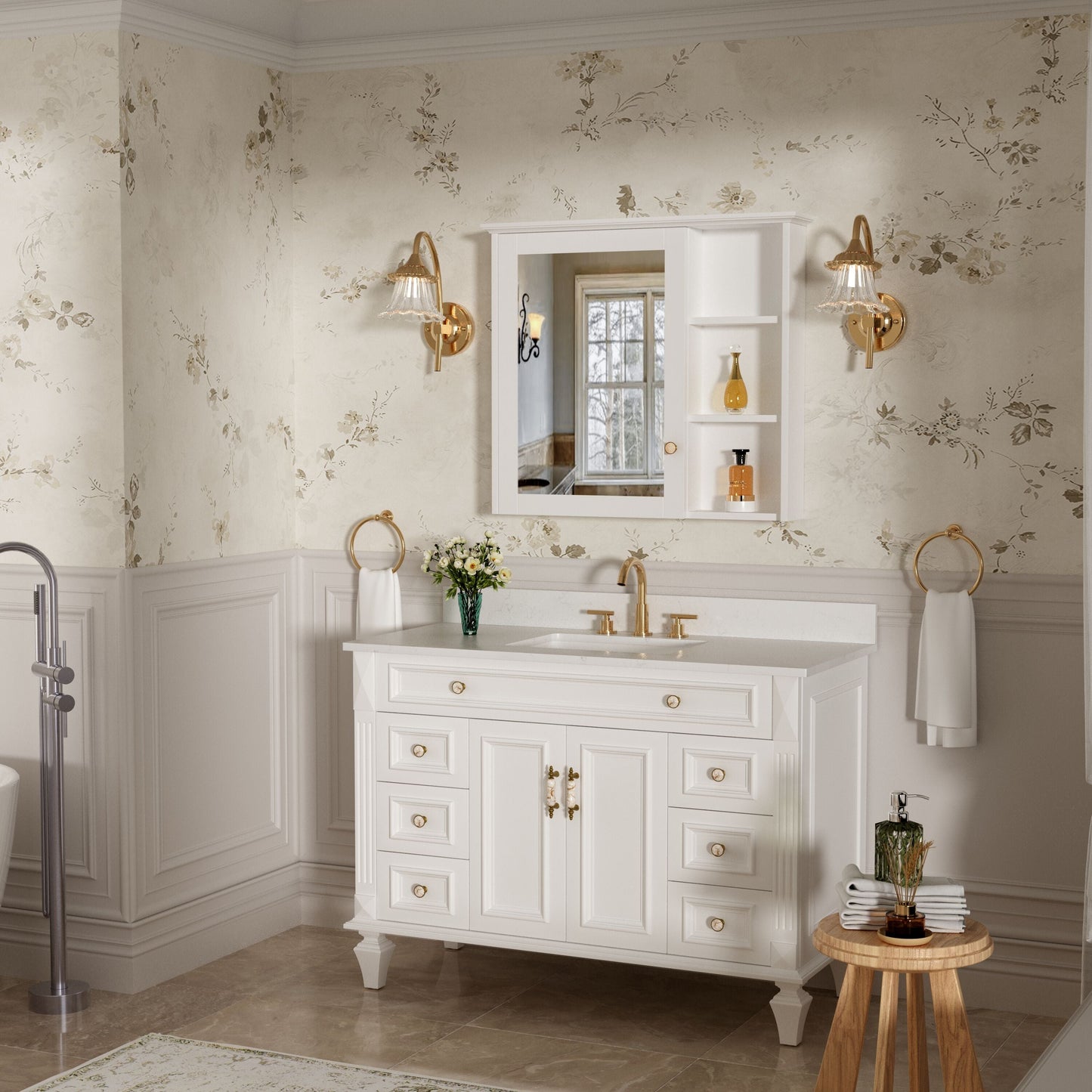 Forclover Assembled Solid Wood 34-in x 30-in Surface Mount White Mirrored Soft Close Medicine Cabinet