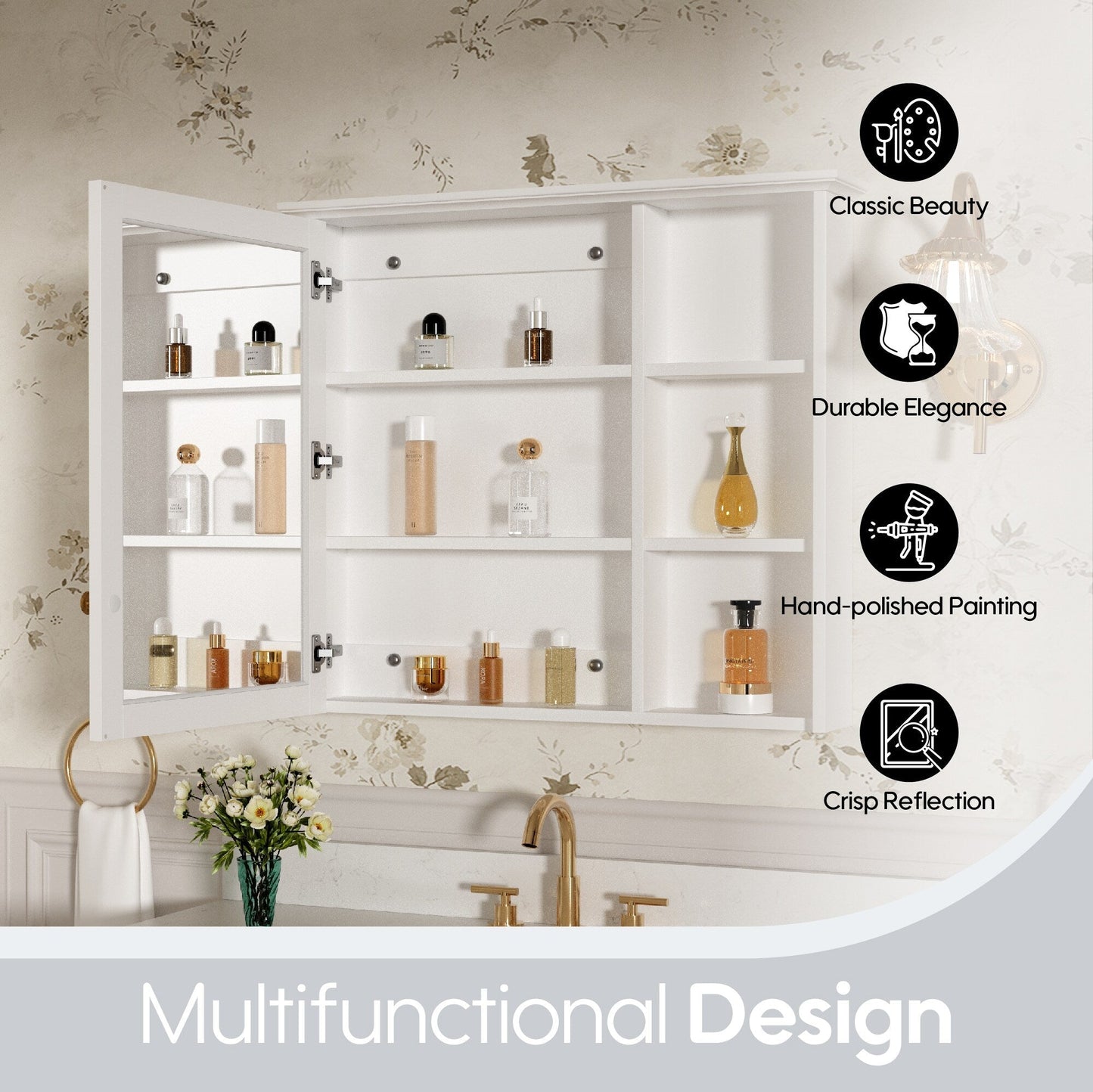 Forclover Assembled Solid Wood 34-in x 30-in Surface Mount White Mirrored Soft Close Medicine Cabinet