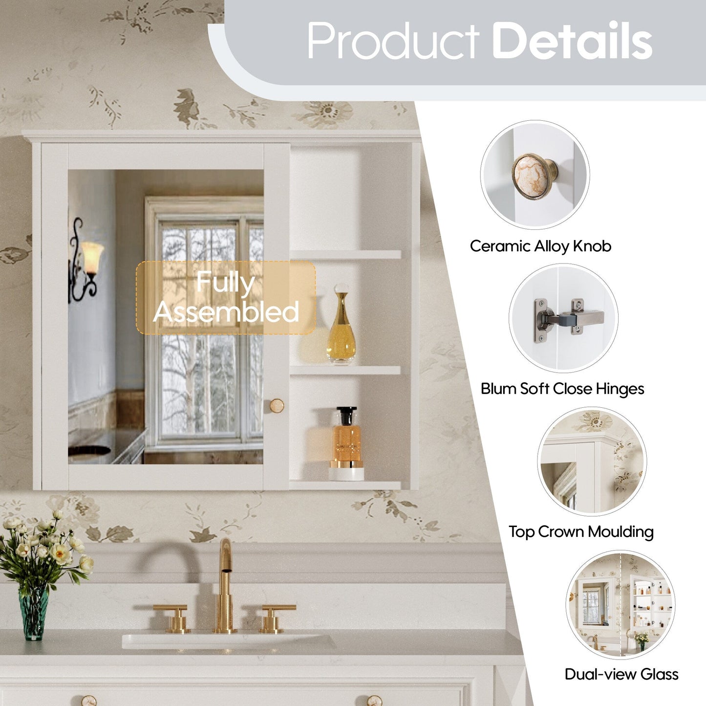 Forclover Assembled Solid Wood 34-in x 30-in Surface Mount White Mirrored Soft Close Medicine Cabinet