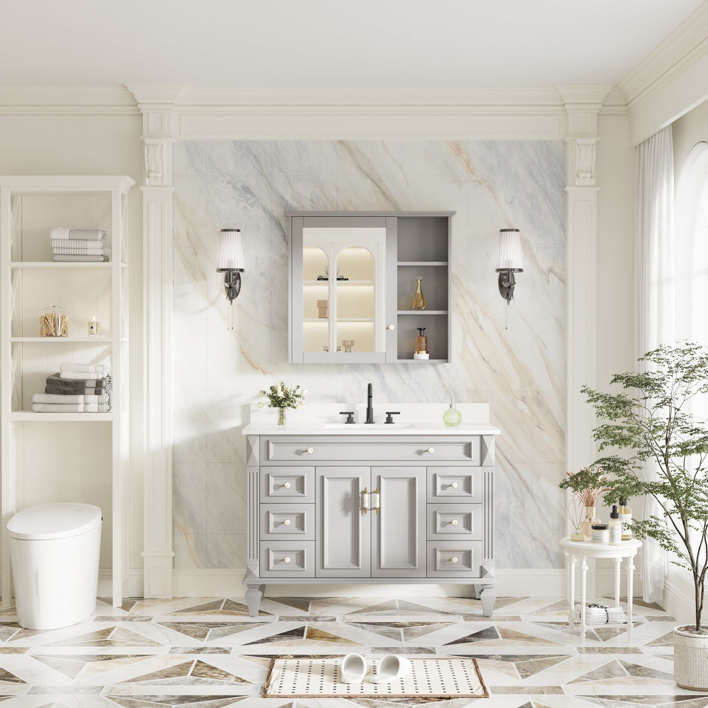 Forclover Assembled Solid Wood 34-in x 30-in Surface Mount Gray Mirrored Soft Close Medicine Cabinet