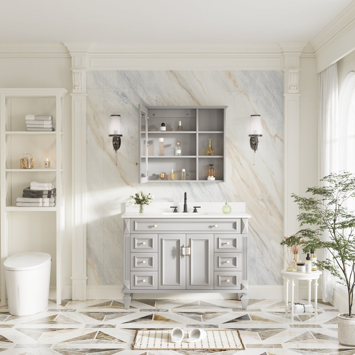 Forclover Assembled Solid Wood 34-in x 30-in Surface Mount Gray Mirrored Soft Close Medicine Cabinet