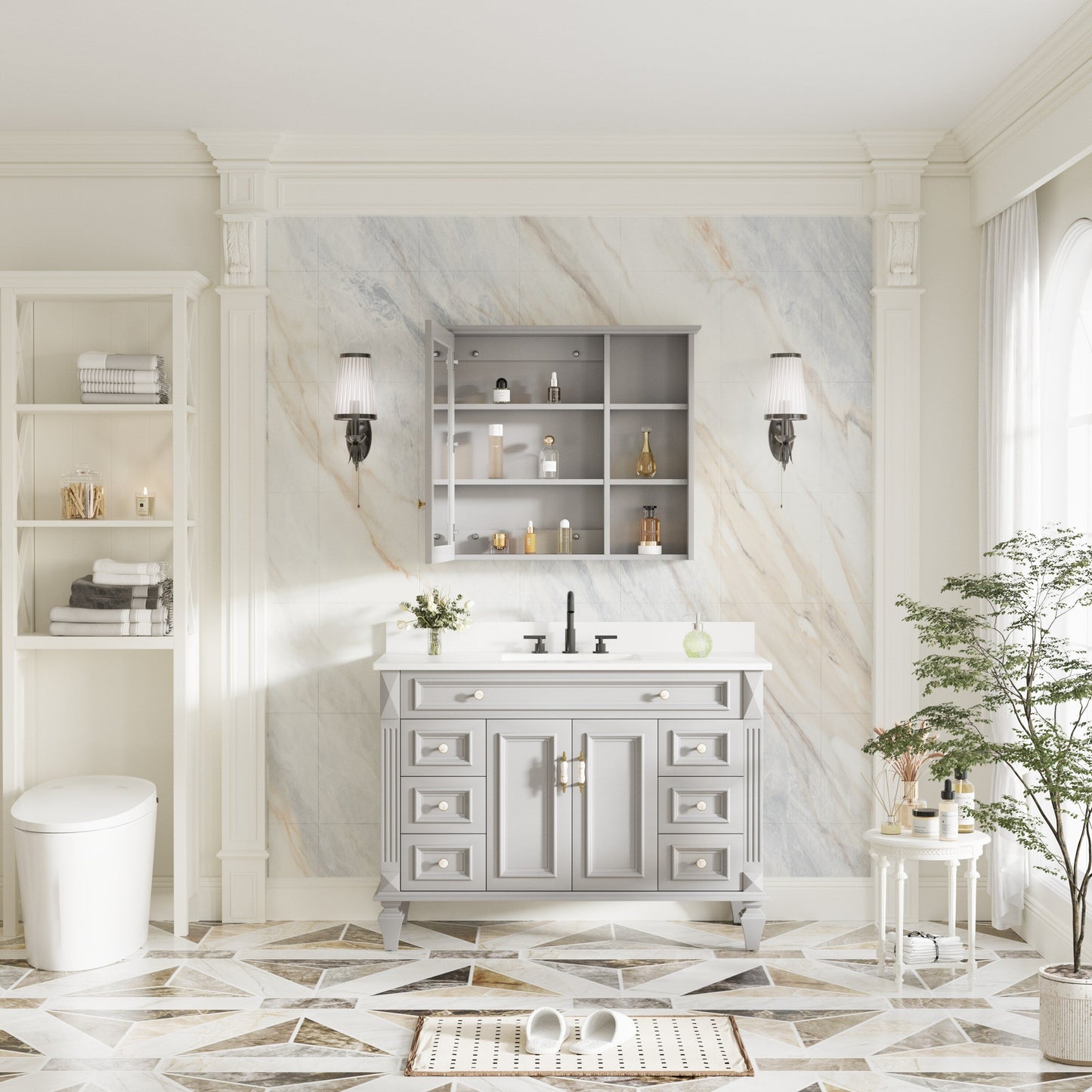 Forclover Assembled Solid Wood 34-in x 30-in Surface Mount Gray Mirrored Soft Close Medicine Cabinet